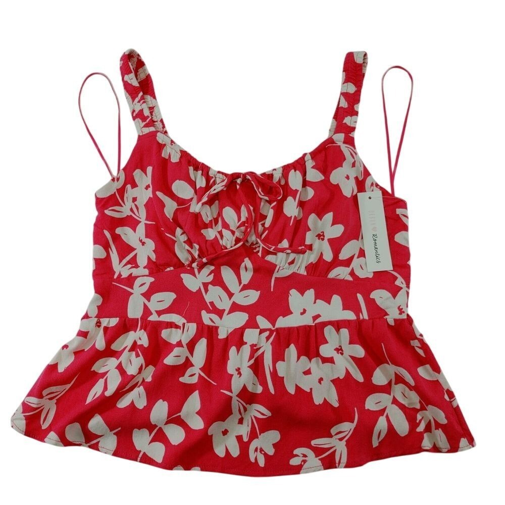 Urban Romantics Red Floral Peplum Cami Top White Flowers Spaghetti Strap Size L